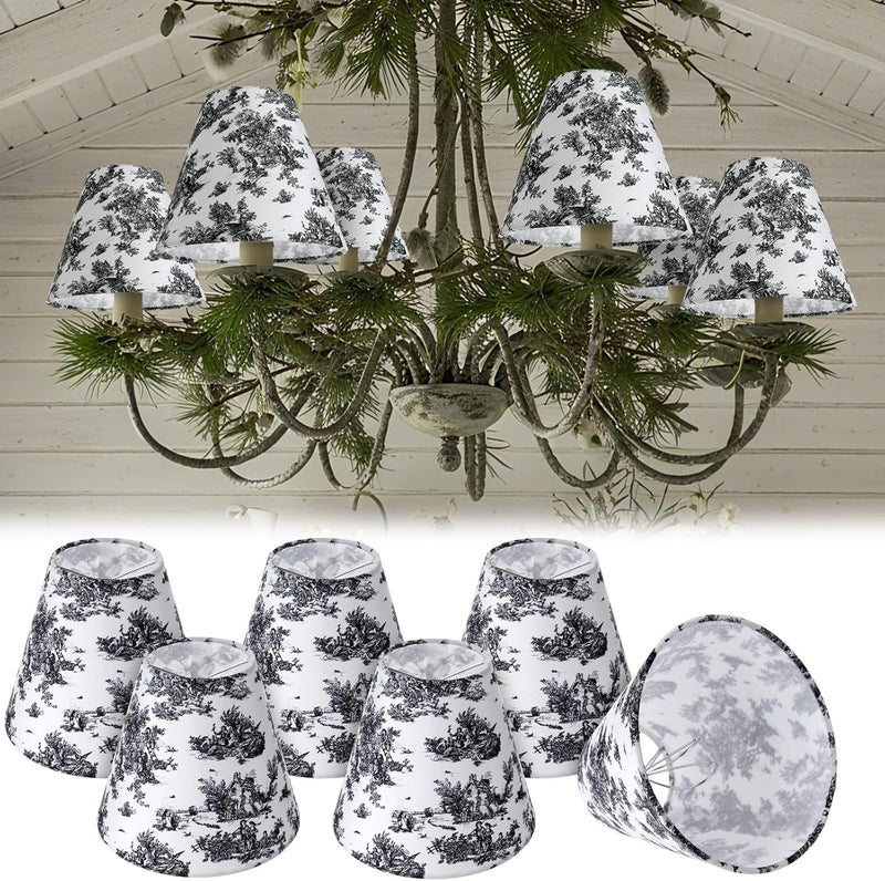 VIHOSE 6 Pcs 6 Pcs Chandelier Lamp Shades Small Chinoiserie Lamp Shade 3 x 6 x 5 Inch French Countryside Toile Clip Bulbs Lampshade for Wall Sconces Pendant Lighting (Black and White Crane) - Image 1